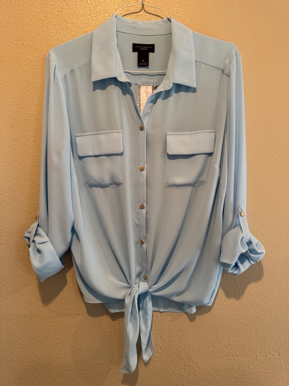 Investments Light Blue Tie-Front Button Down Shirt